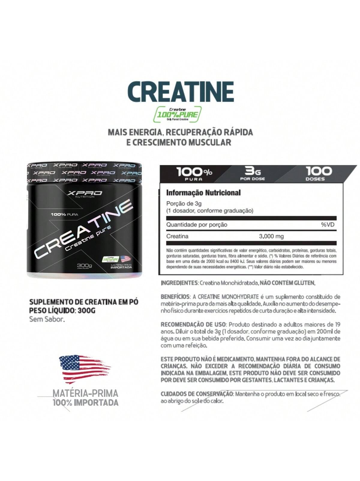 Creatina Pura Monohidratada 300g - Força e Explosão | XPro Nutrition