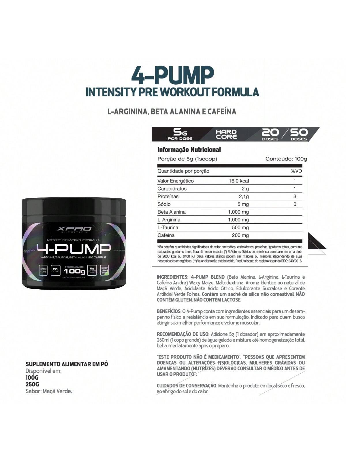 Pré-Treino 4-Pump 250g Maçã Verde | XPro Nutrition