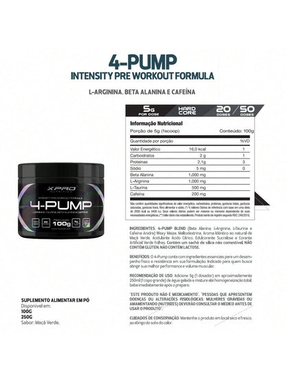 Pré-Treino 4-Pump 250g Maçã Verde | XPro Nutrition