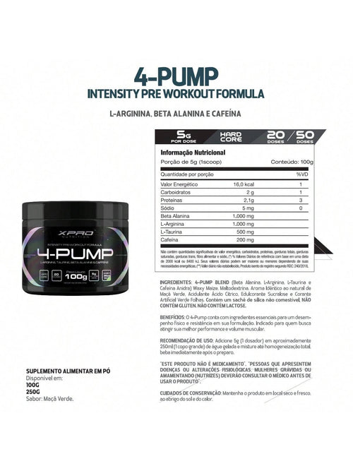 Pré-Treino 4-Pump 250g Maçã Verde | XPro Nutrition