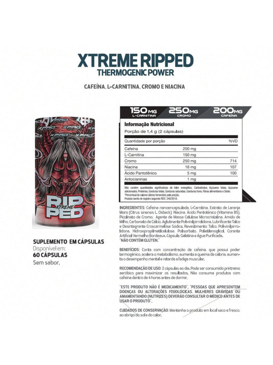 Close-up das cápsulas vermelhas do Ripped Xtreme, Atleta focado durante um treino de alta intensidade, Tabela nutricional do Ripped Xtreme