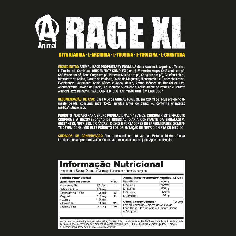 Animal Rage XL 221g - Uva | Pré-Treino de Alta Intensidade