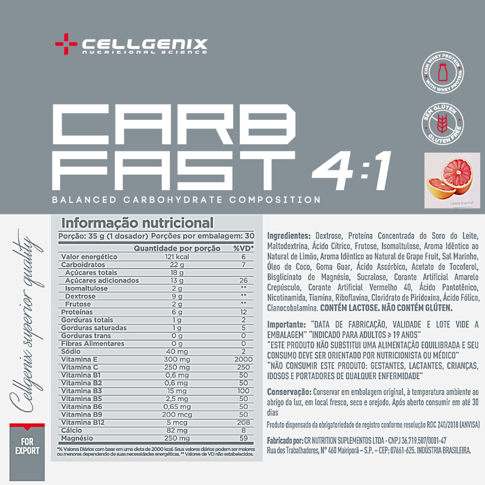 Carb Fast 4:1 1kg Lemon Grapefruit - Repositor Energético | Cellgenix
