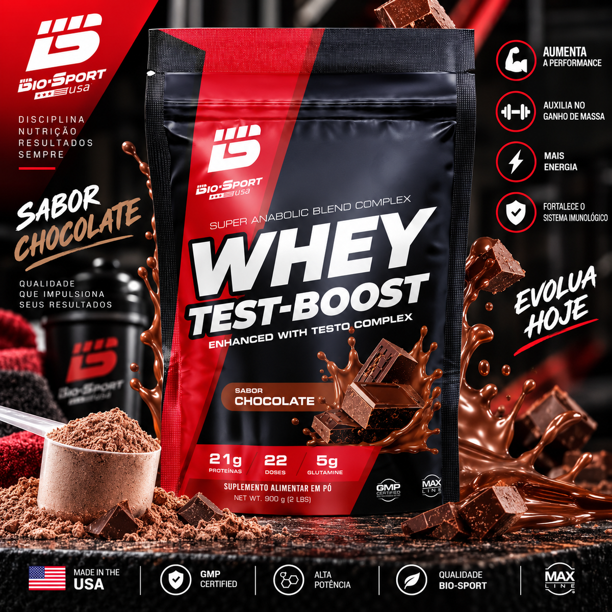 Whey Test-Boost 900g – Refil Sabor Chocolate